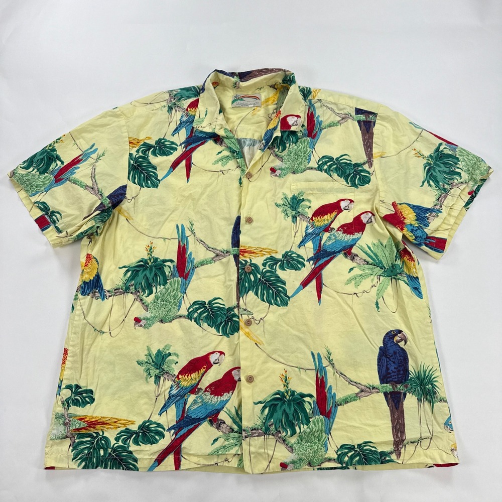 Paradise Found Mens Shirt 2XL Yellow Parrot Tropical Print Button Down Aloha